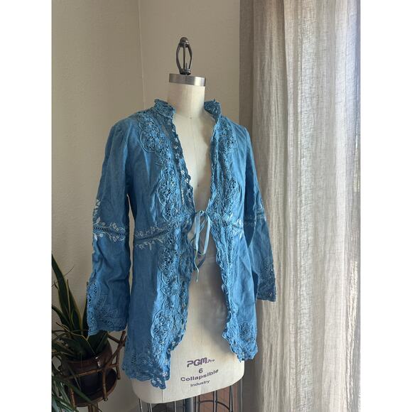 Women's Large Blouse Blue Cotton Eyelet Tie Boho Embroidered Lace Jacket Rare - Picture 1 of 3
